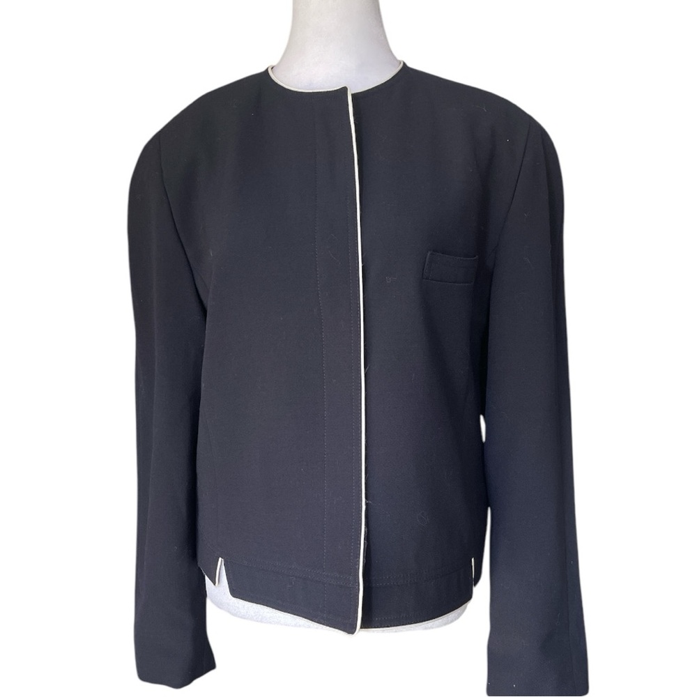 Louis Féraud Cropped Wool Jacket Indigo White Trim Minimalist Chic - Picture 2 of 9